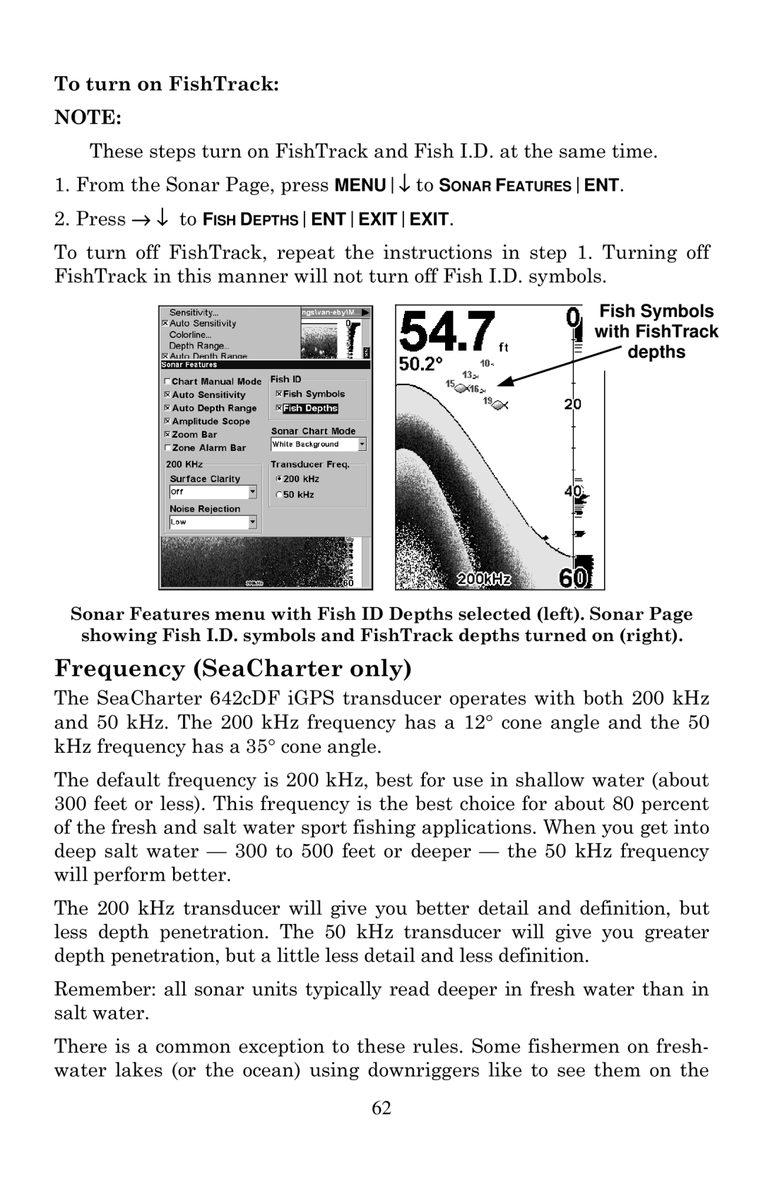 Eagle Electronics 642cDF manual Frequency SeaCharter only, To turn on FishTrack, Fish Symbols, With FishTrack, Depths 