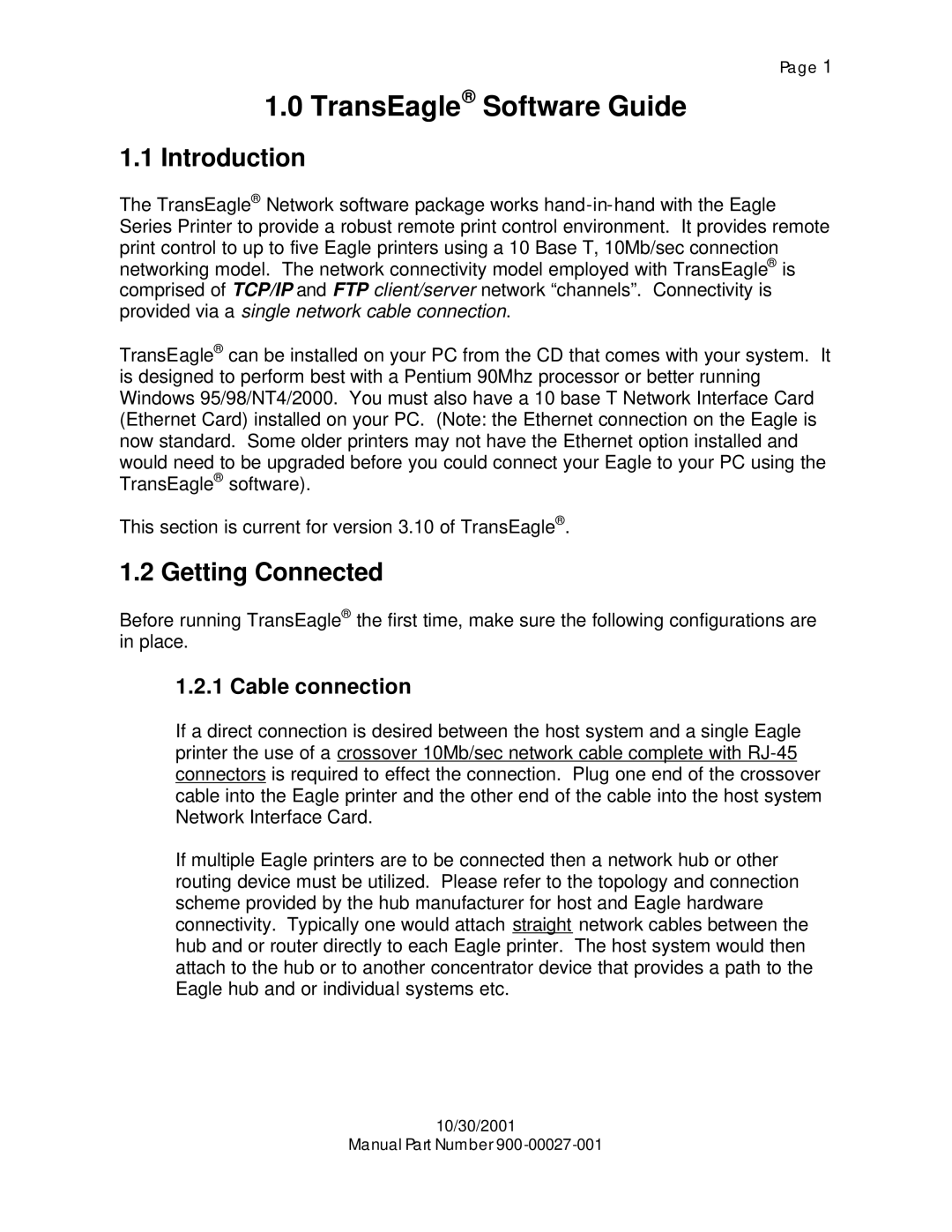 Eagle Electronics TransEagle Network Software, 900-00027-001 manual TransEagle Software Guide, Cable connection 