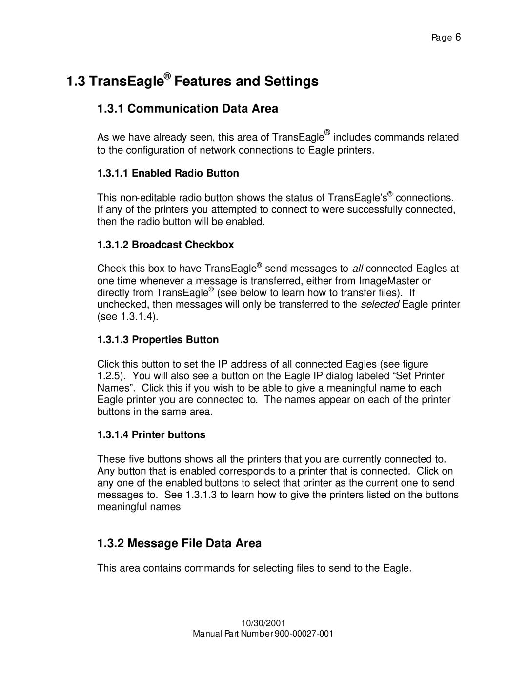 Eagle Electronics 900-00027-001, TransEagle Network Software manual Communication Data Area, Message File Data Area 