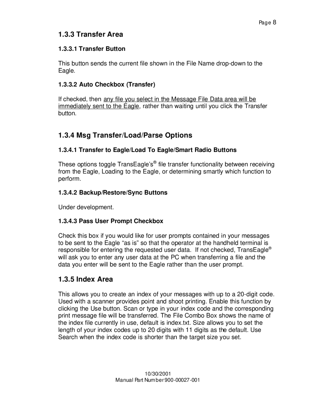 Eagle Electronics 900-00027-001, TransEagle Network Software Transfer Area, Msg Transfer/Load/Parse Options, Index Area 