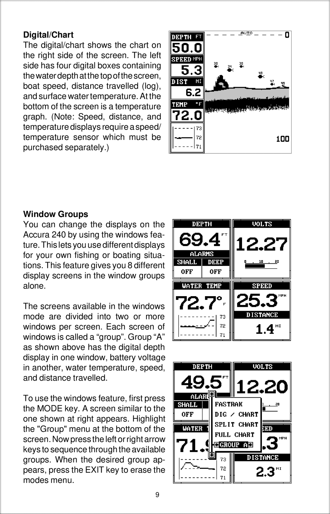 Eagle Electronics Accura 240 manual Digital/Chart, Window Groups 