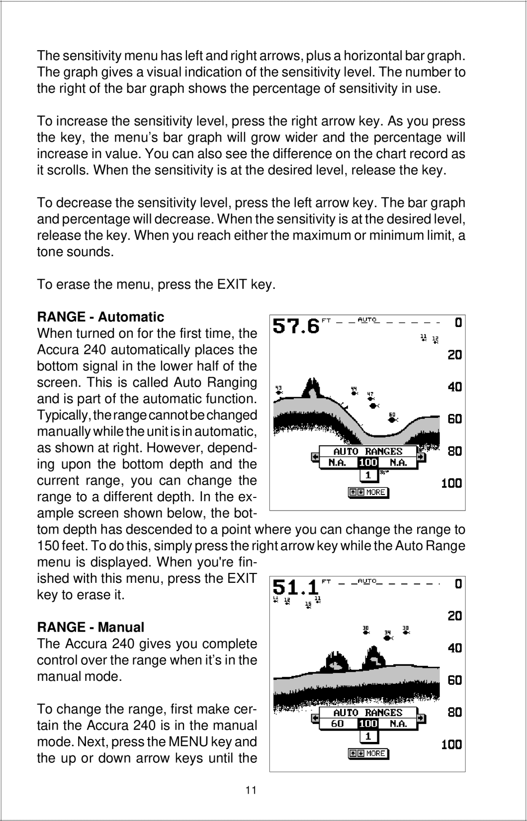 Eagle Electronics Accura 240 manual Range Automatic, Range Manual 