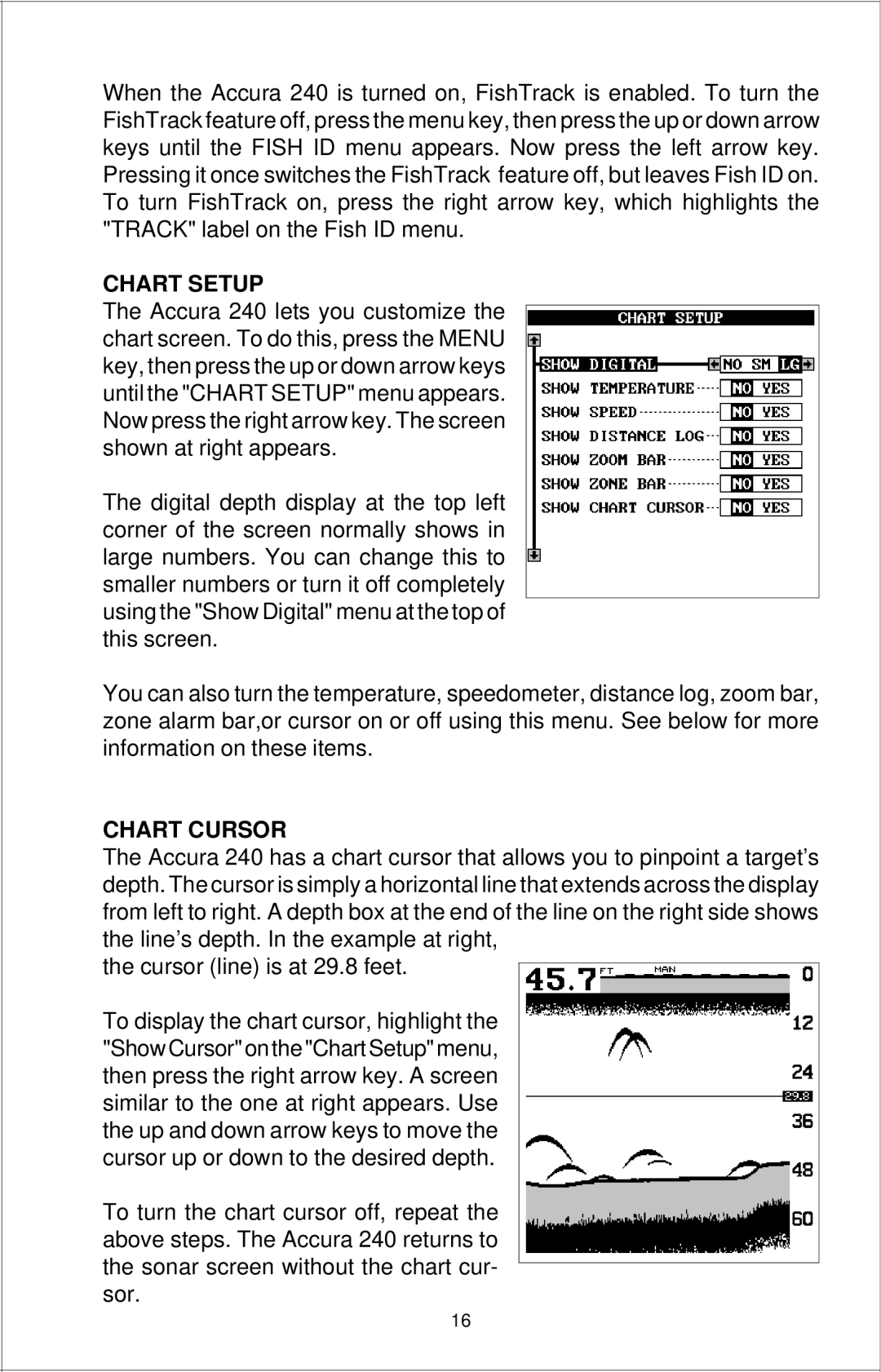 Eagle Electronics Accura 240 manual Chart Setup, Chart Cursor 