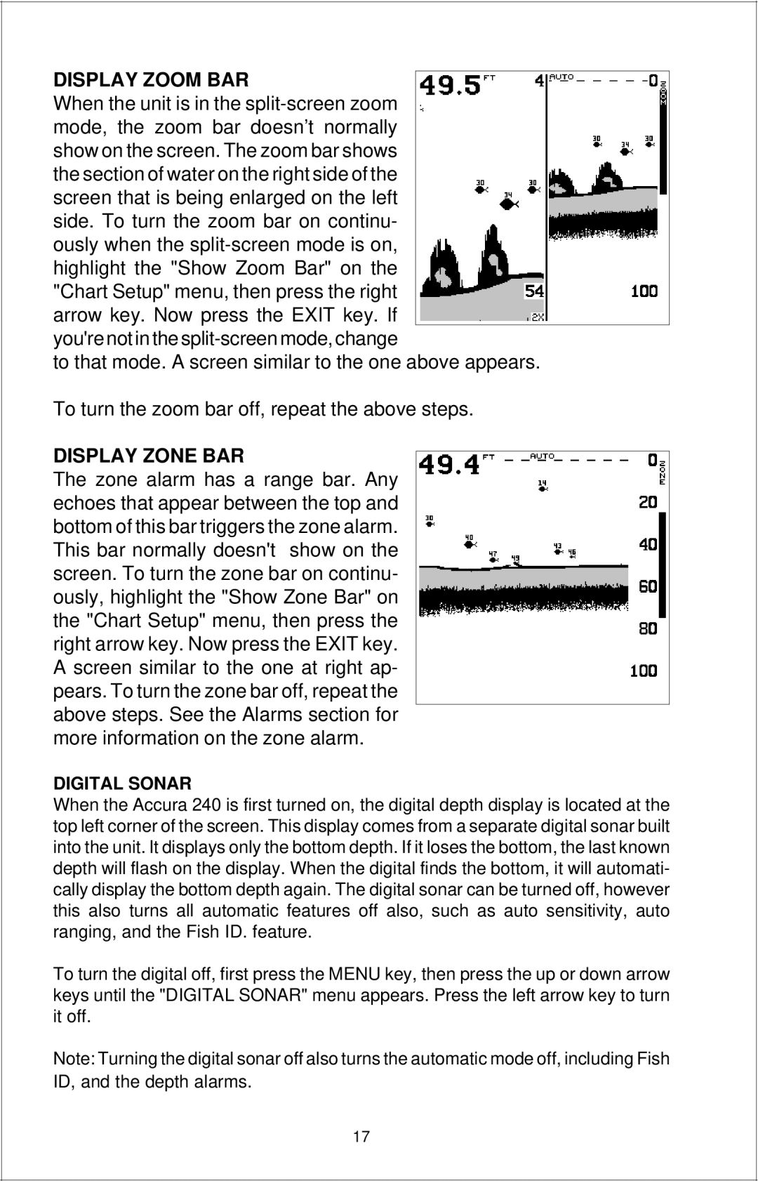 Eagle Electronics Accura 240 manual Display Zoom BAR, Display Zone BAR 