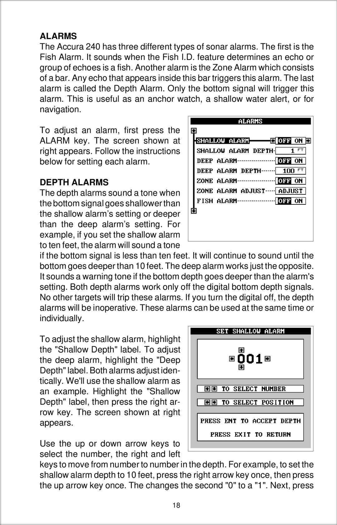 Eagle Electronics Accura 240 manual Depth Alarms 