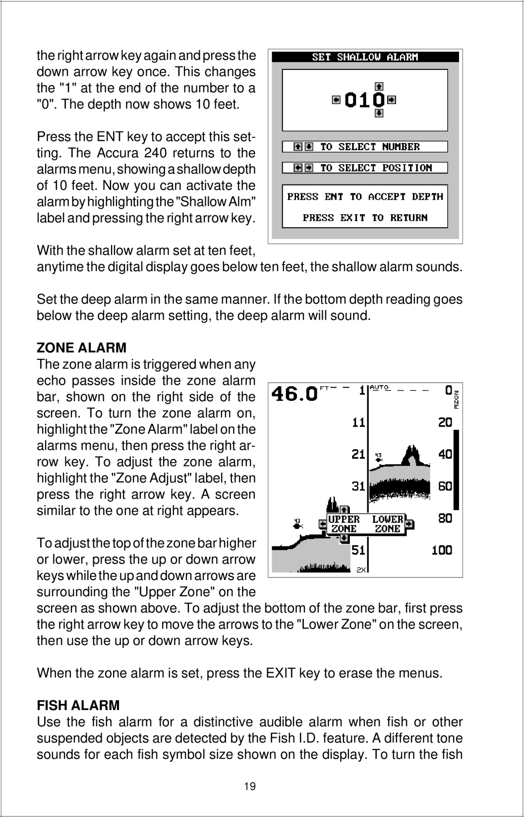 Eagle Electronics Accura 240 manual Zone Alarm, Fish Alarm 