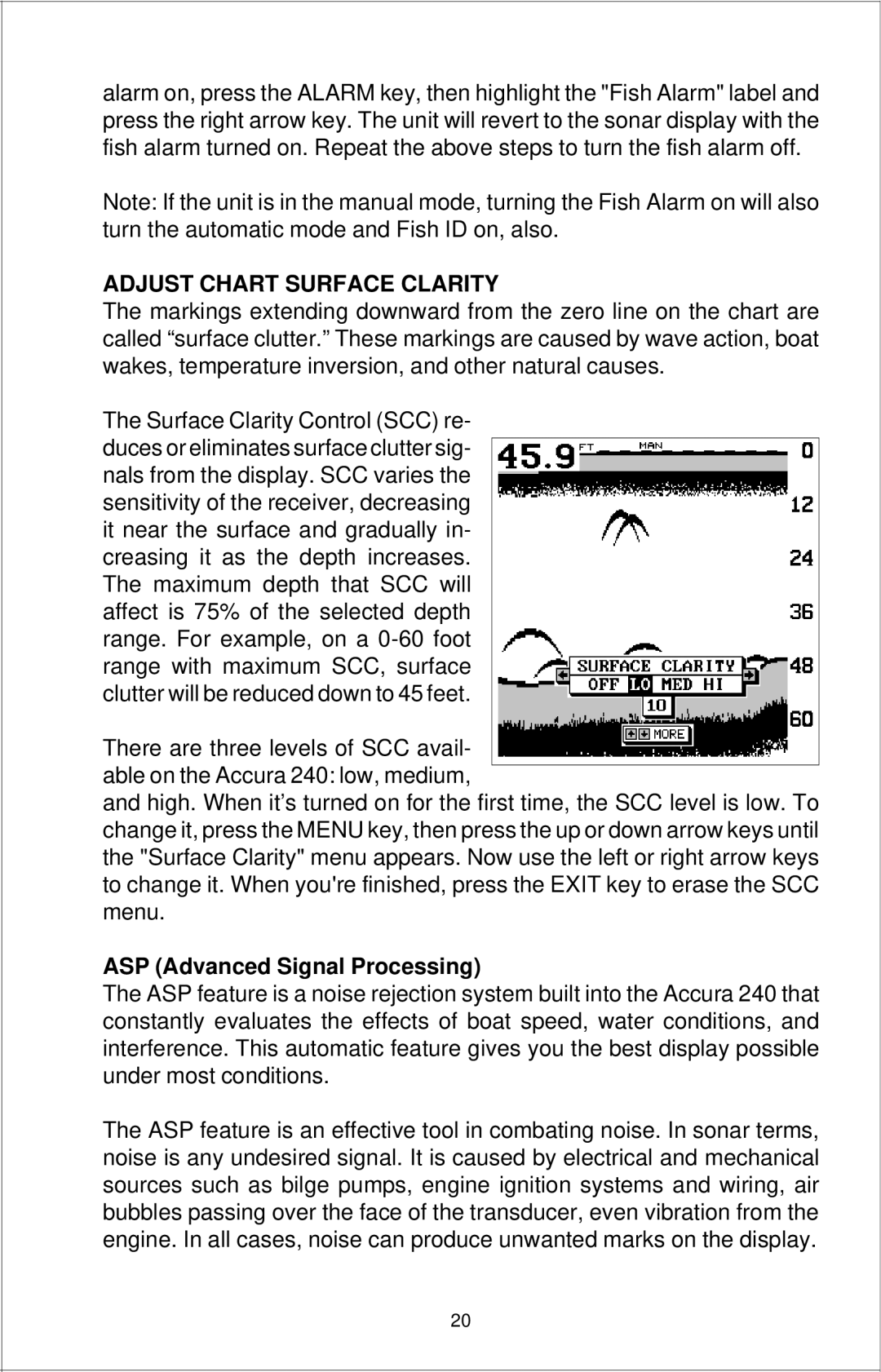 Eagle Electronics Accura 240 manual Adjust Chart Surface Clarity, ASP Advanced Signal Processing 