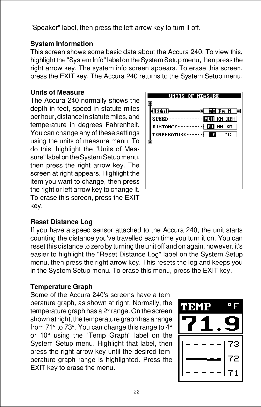 Eagle Electronics Accura 240 manual System Information, Units of Measure, Reset Distance Log, Temperature Graph 