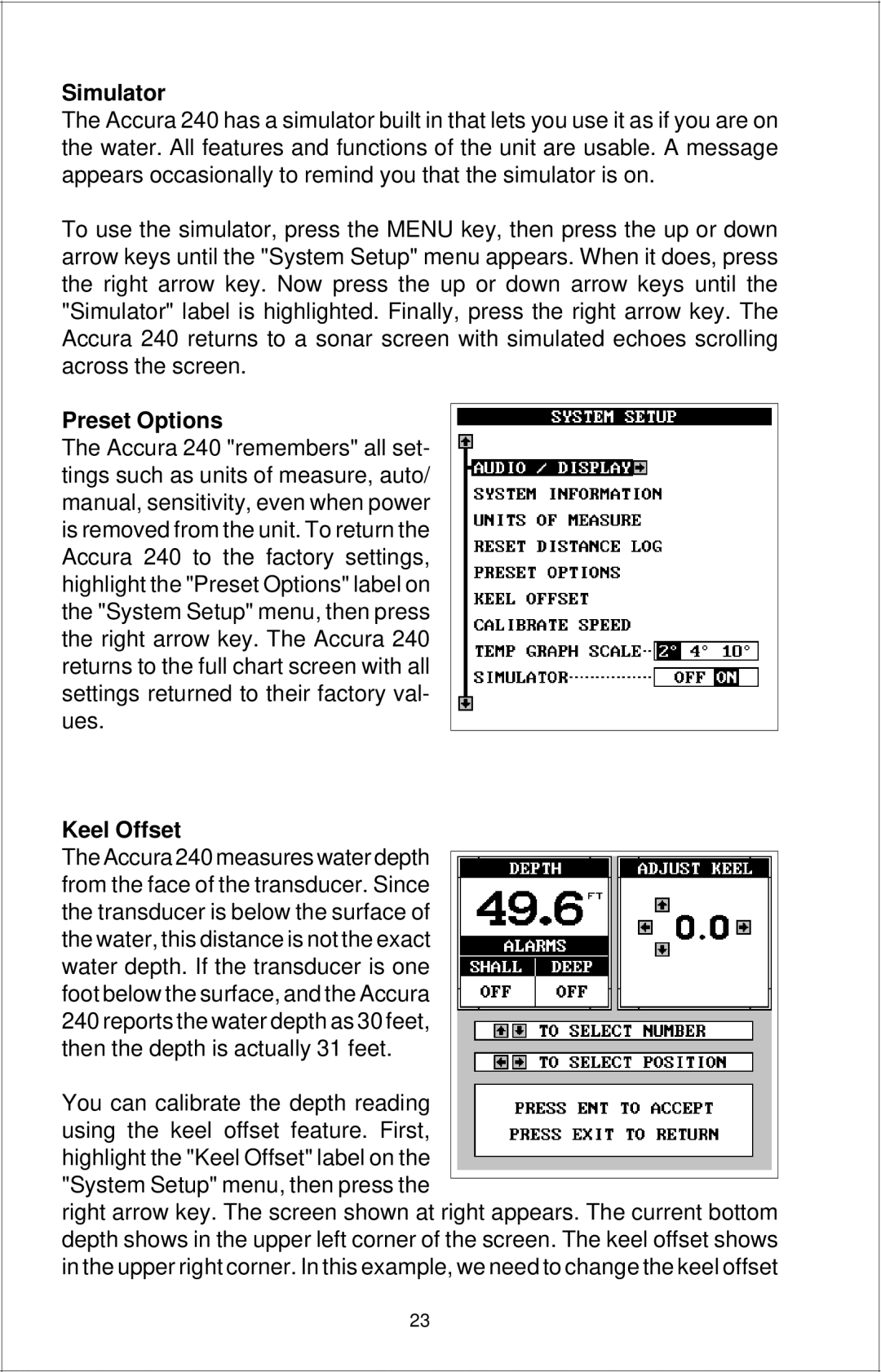 Eagle Electronics Accura 240 manual Simulator, Preset Options, Keel Offset 