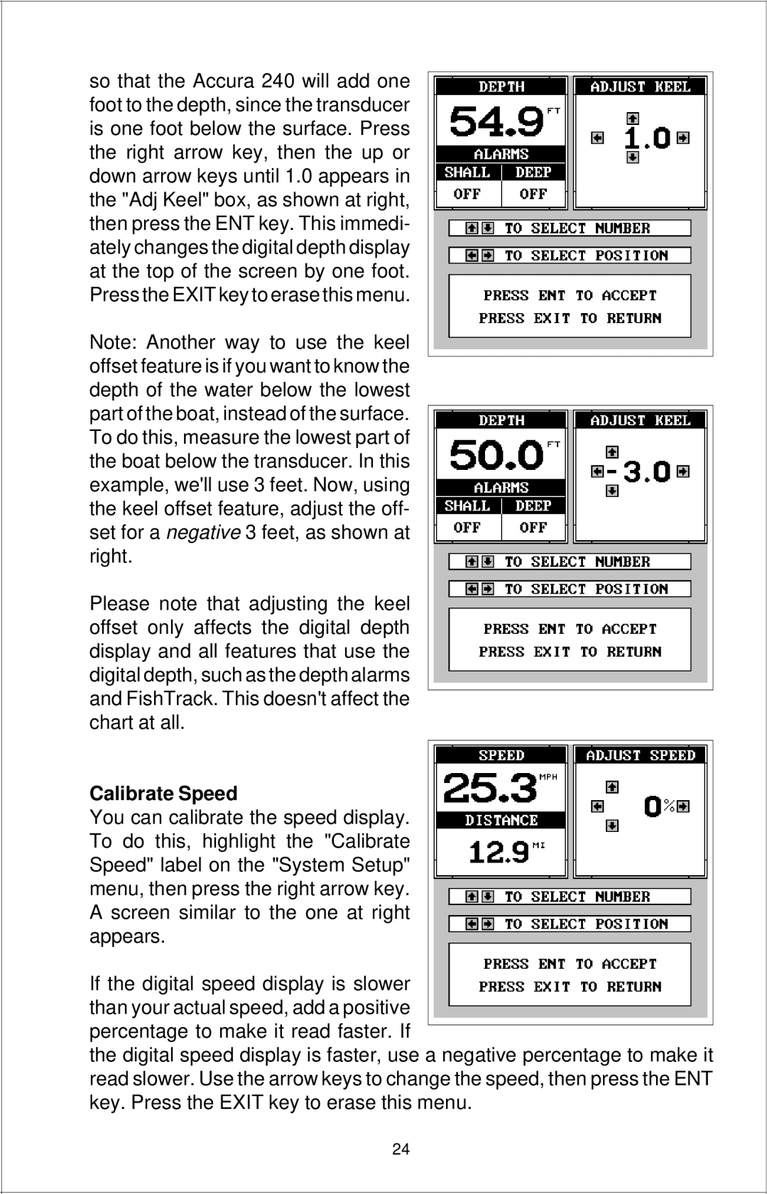 Eagle Electronics Accura 240 manual Calibrate Speed 