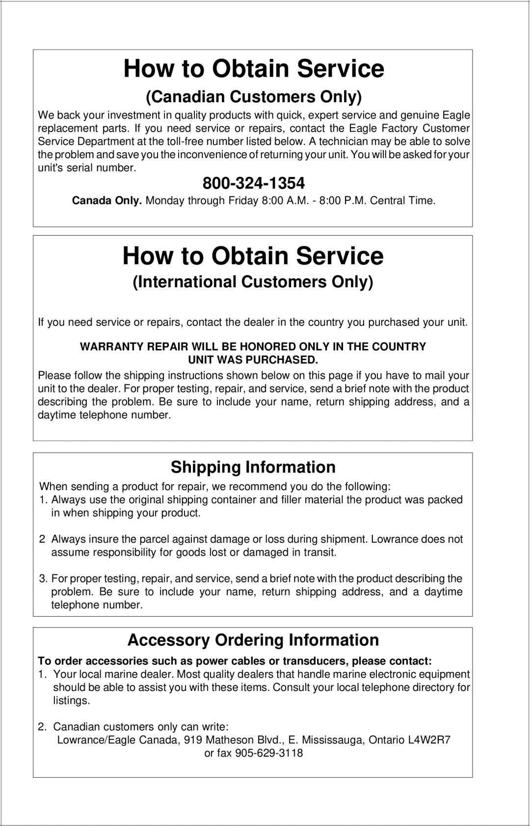 Eagle Electronics Accura 240 manual How to Obtain Service 