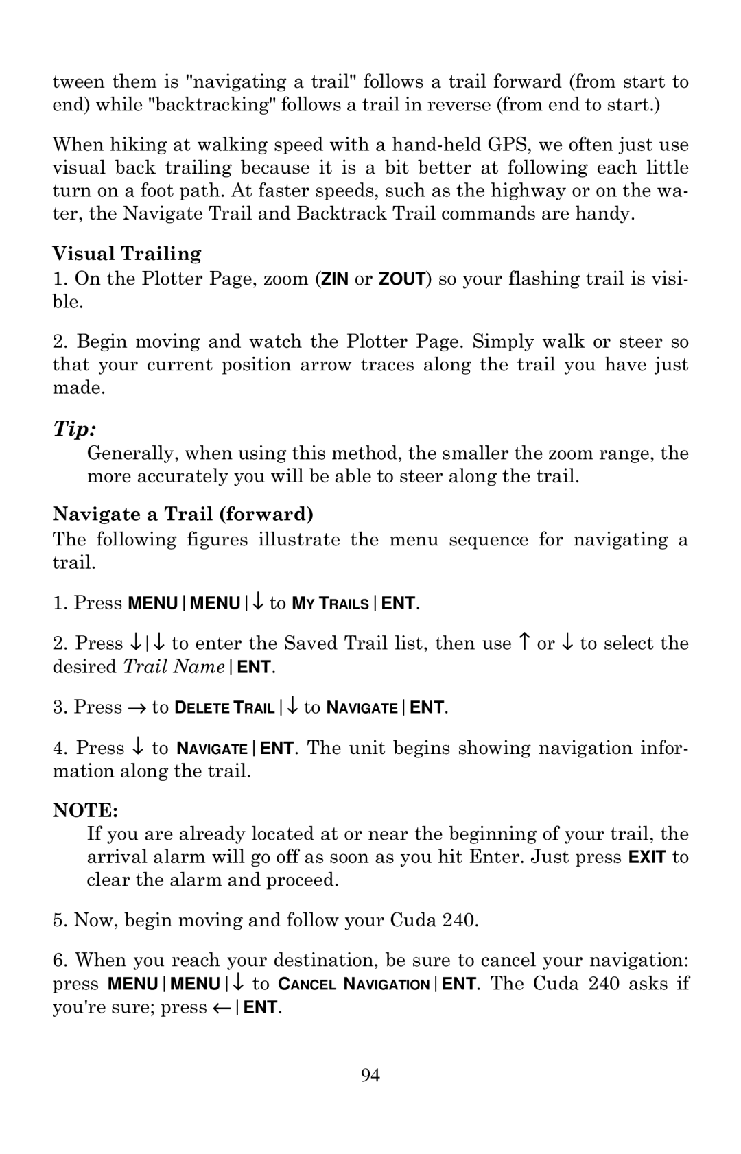 Eagle Electronics Cuda 240 S/GPS manual Visual Trailing, Navigate a Trail forward 