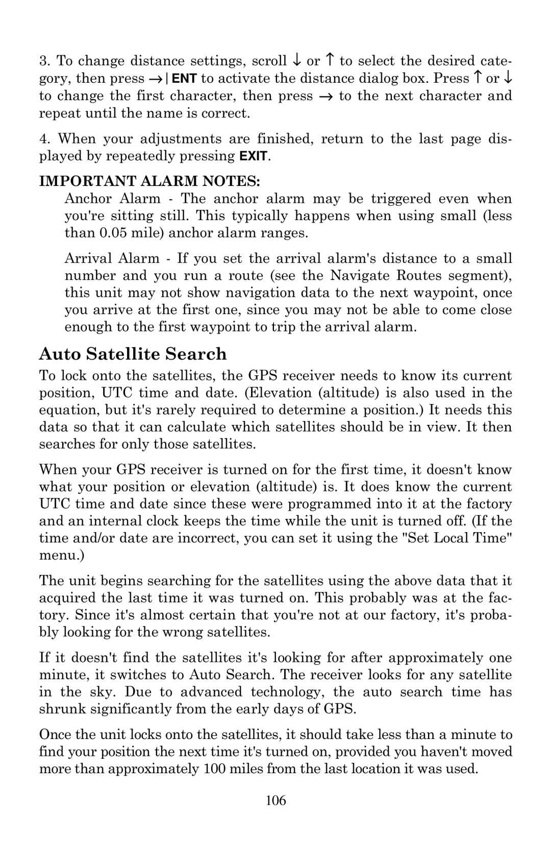 Eagle Electronics Cuda 240 S/GPS manual Auto Satellite Search, Important Alarm Notes 