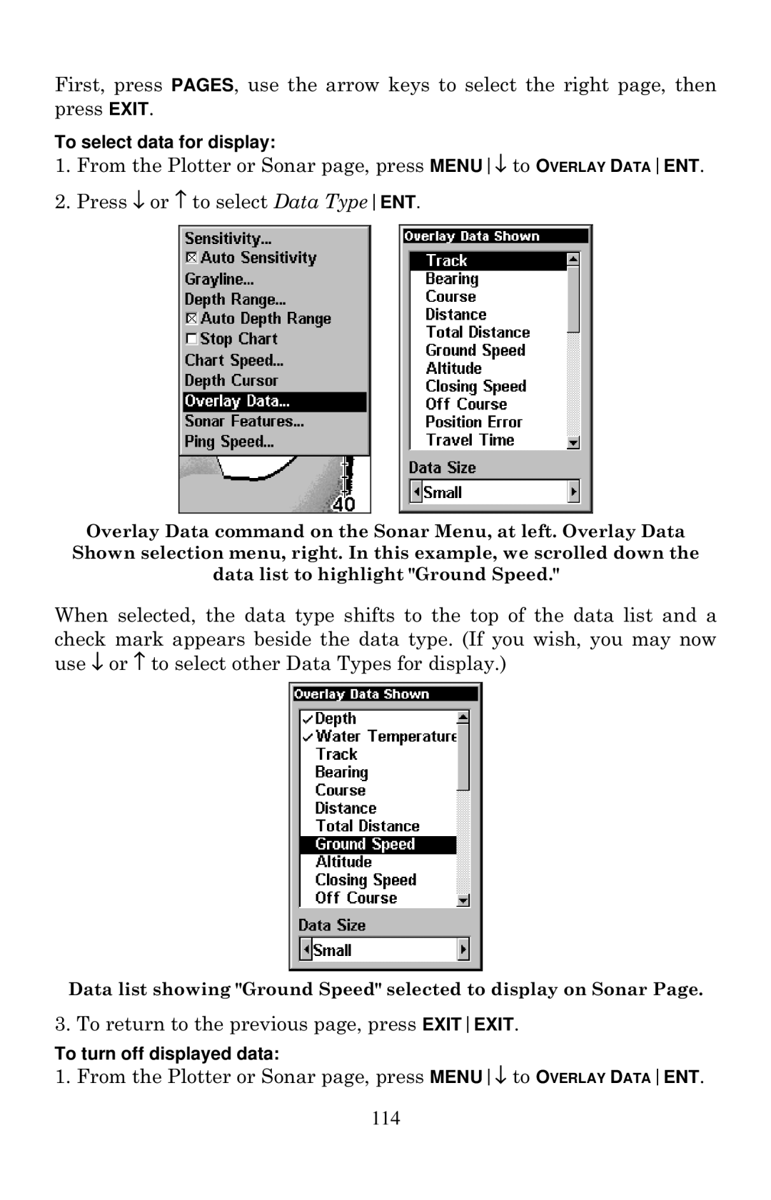 Eagle Electronics Cuda 240 S/GPS manual To select data for display, To turn off displayed data 