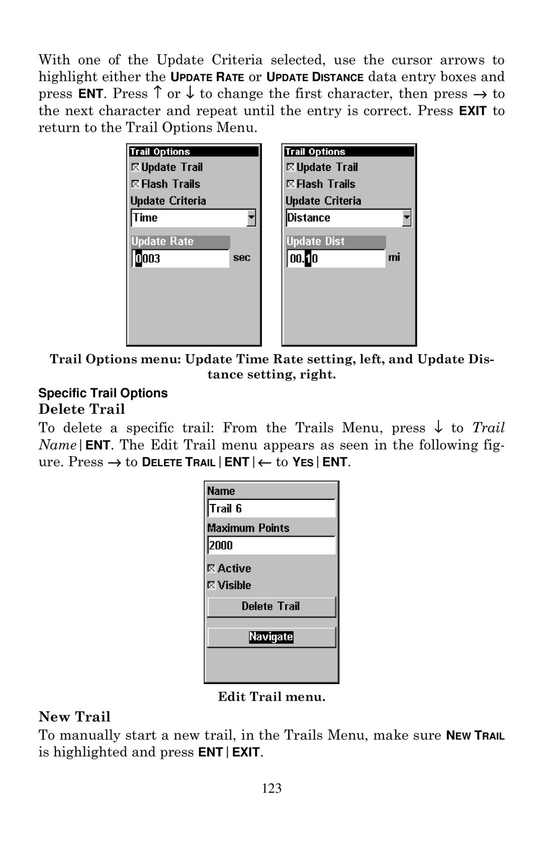 Eagle Electronics Cuda 240 S/GPS manual Delete Trail, New Trail, Specific Trail Options 