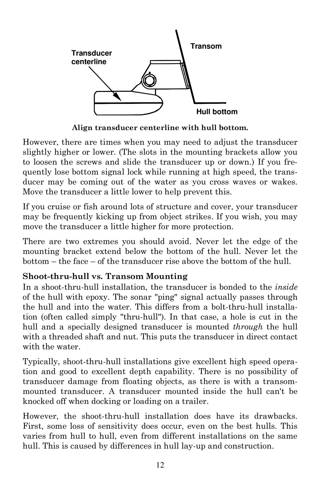 Eagle Electronics Cuda 240 S/GPS manual Shoot-thru-hull vs. Transom Mounting, Transom Transducer centerline Hull bottom 