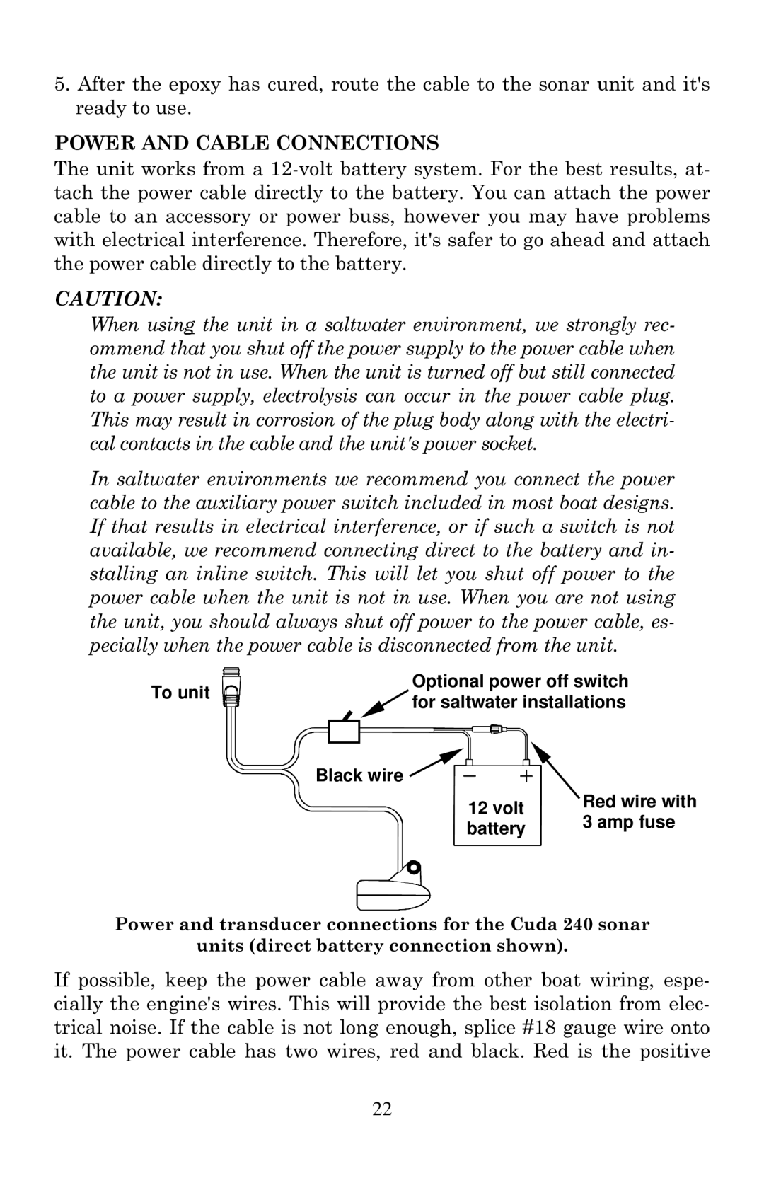 Eagle Electronics Cuda 240 S/GPS manual Power and Cable Connections 