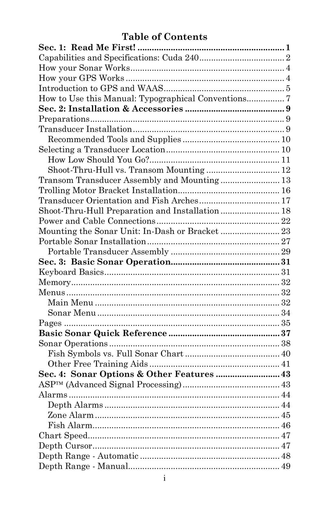 Eagle Electronics Cuda 240 S/GPS manual Table of Contents 