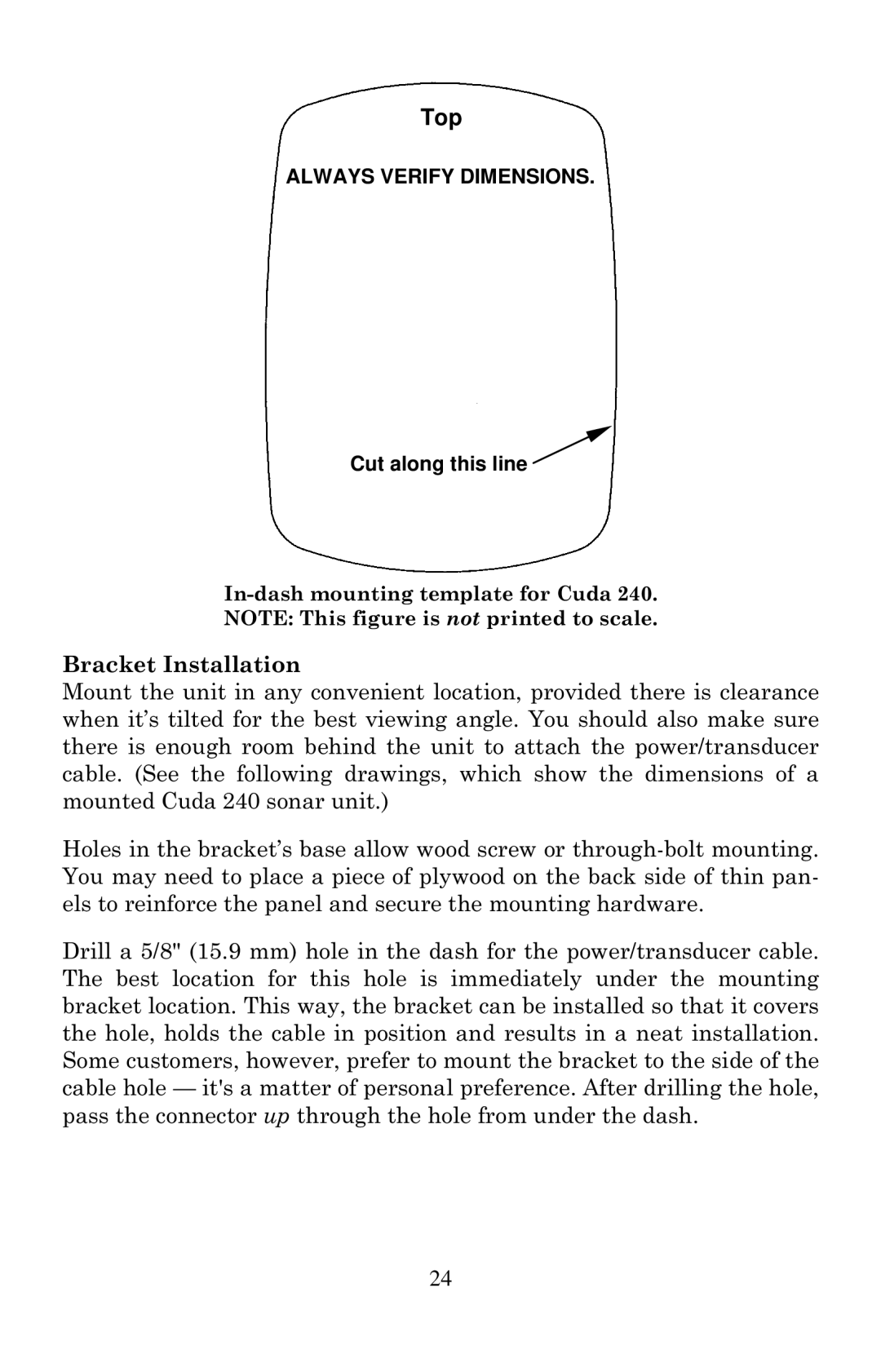 Eagle Electronics Cuda 240 S/GPS manual Bracket Installation, Cut along this line 