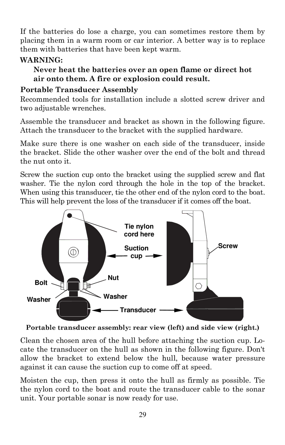 Eagle Electronics Cuda 240 S/GPS manual Tie nylon cord here Suction, Cup Bolt Nut Washer Transducer 