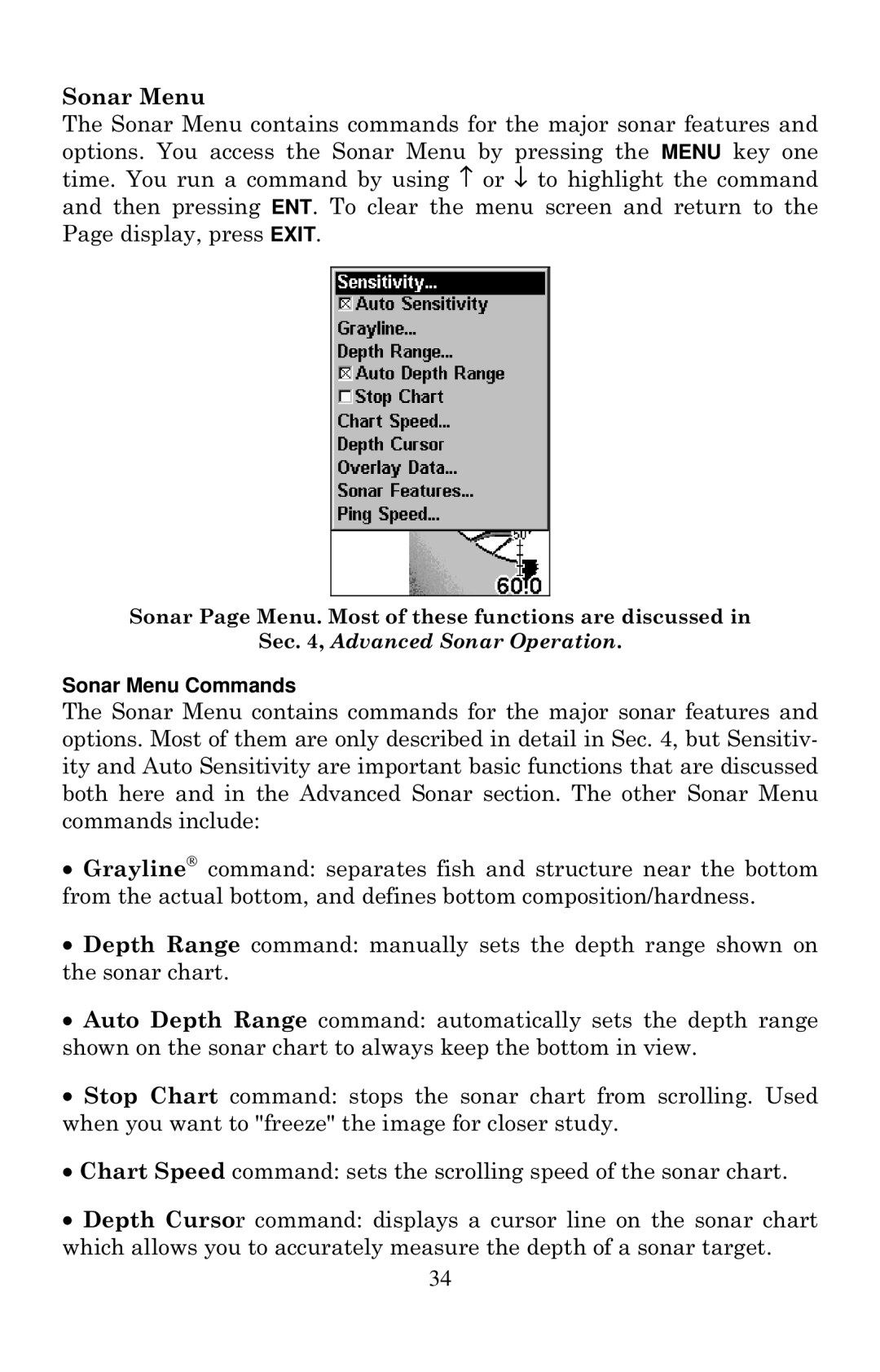 Eagle Electronics Cuda 240 S/GPS manual Sonar Menu Commands 