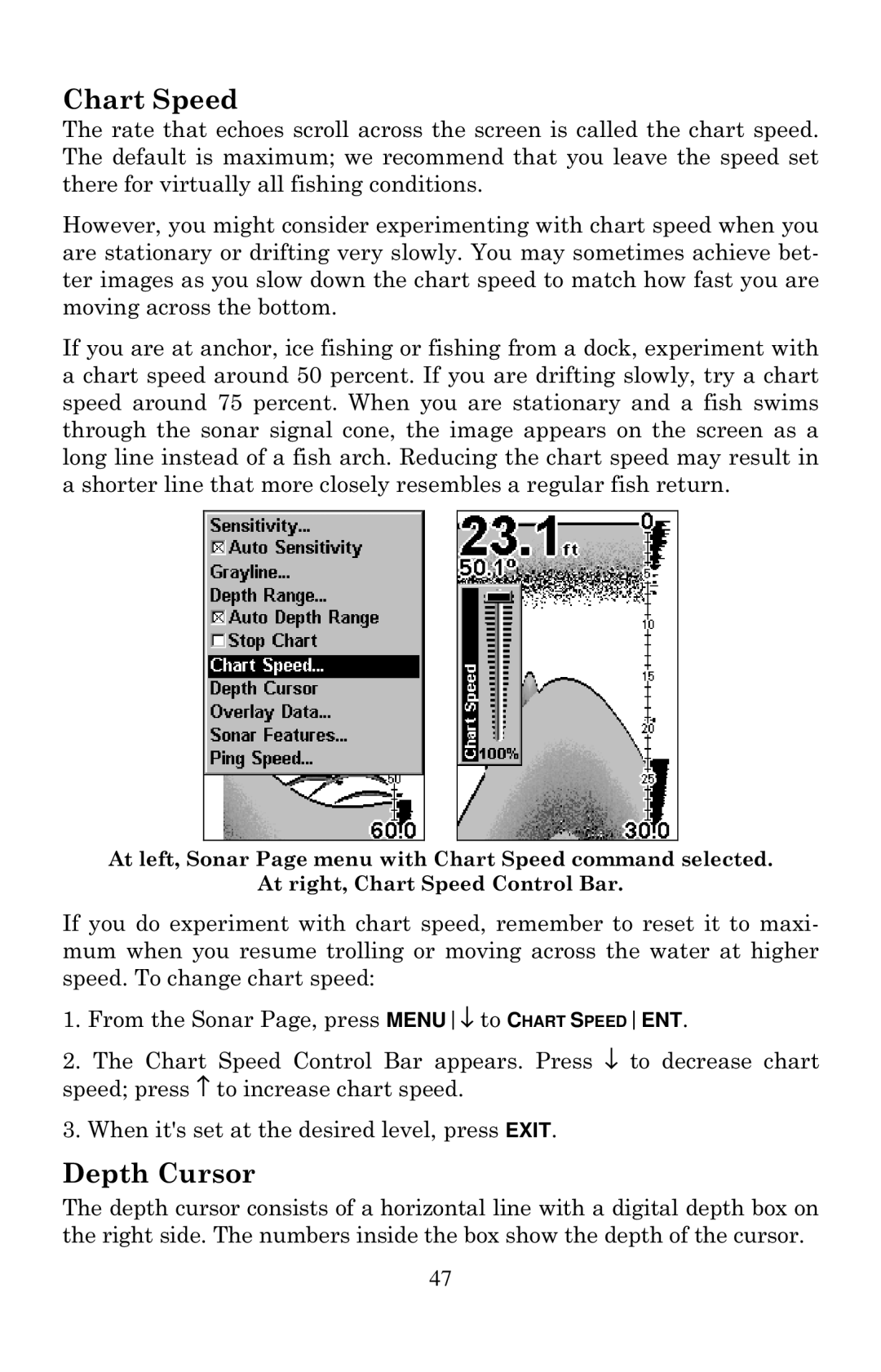 Eagle Electronics Cuda 240 S/GPS manual Chart Speed, Depth Cursor 