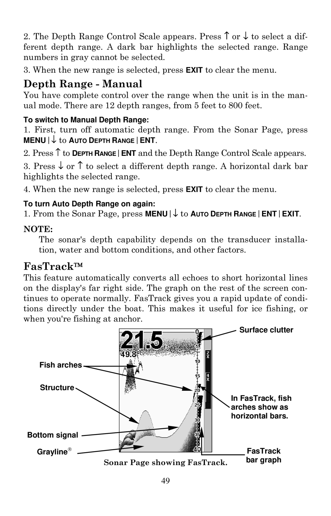 Eagle Electronics Cuda 240 S/GPS manual To switch to Manual Depth Range, To turn Auto Depth Range on again 