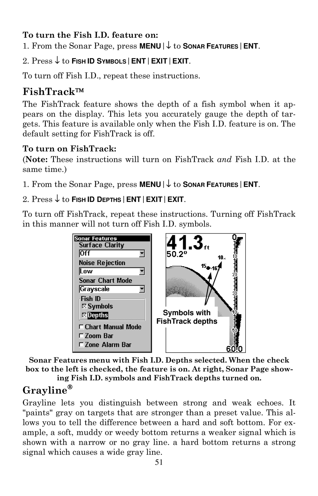 Eagle Electronics Cuda 240 S/GPS manual FishTrack, Grayline, To turn the Fish I.D. feature on, To turn on FishTrack 