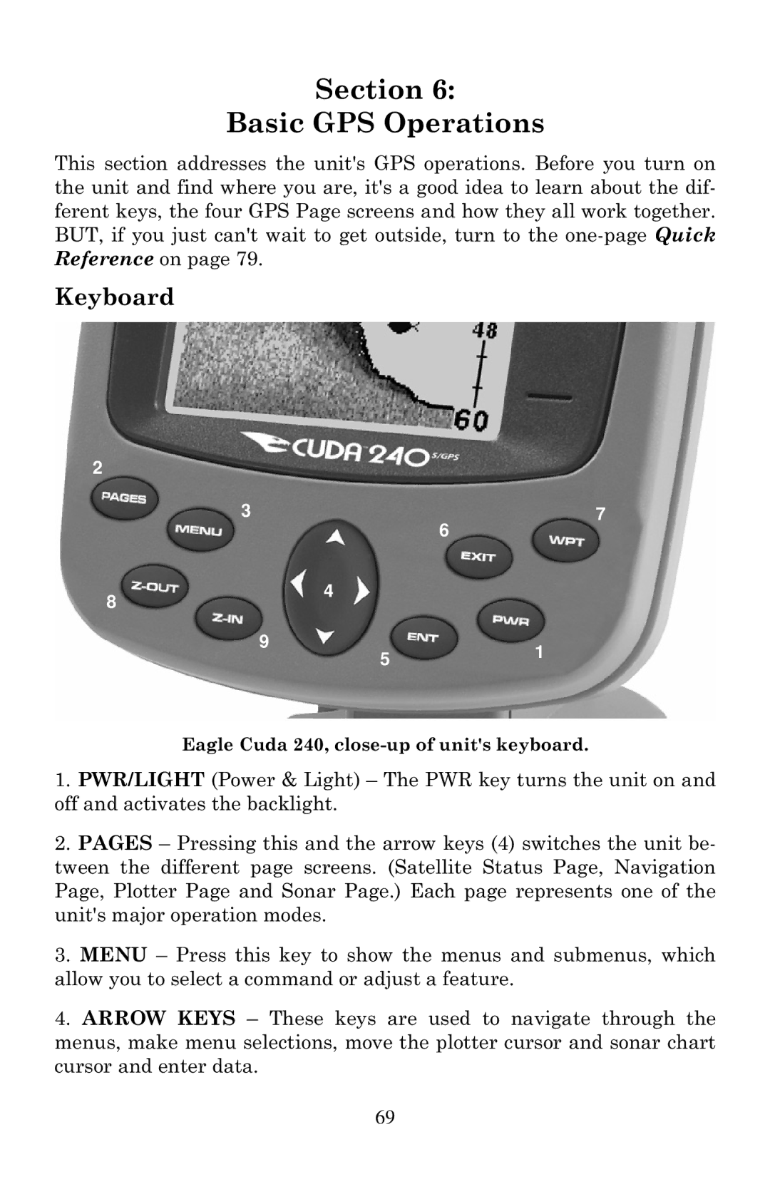 Eagle Electronics Cuda 240 S/GPS manual Section Basic GPS Operations, Keyboard 