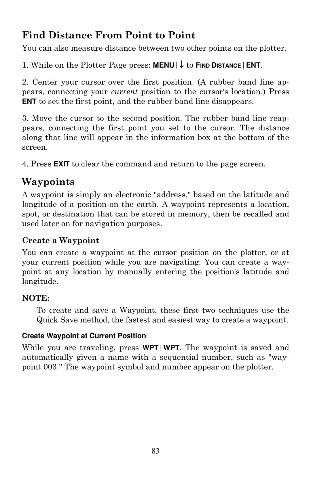 Eagle Electronics Cuda 240 S/GPS manual Find Distance From Point to Point, Waypoints, Create a Waypoint 