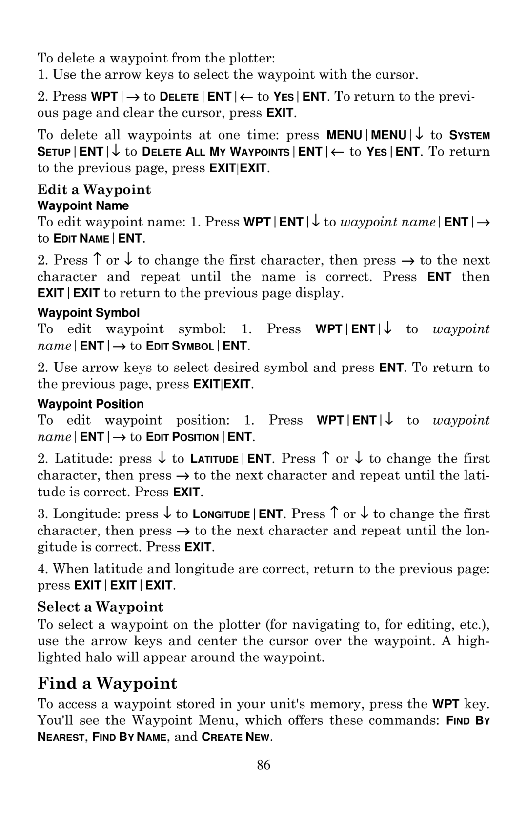 Eagle Electronics Cuda 240 S/GPS Find a Waypoint, Edit a Waypoint, Select a Waypoint, Waypoint Name, Waypoint Position 