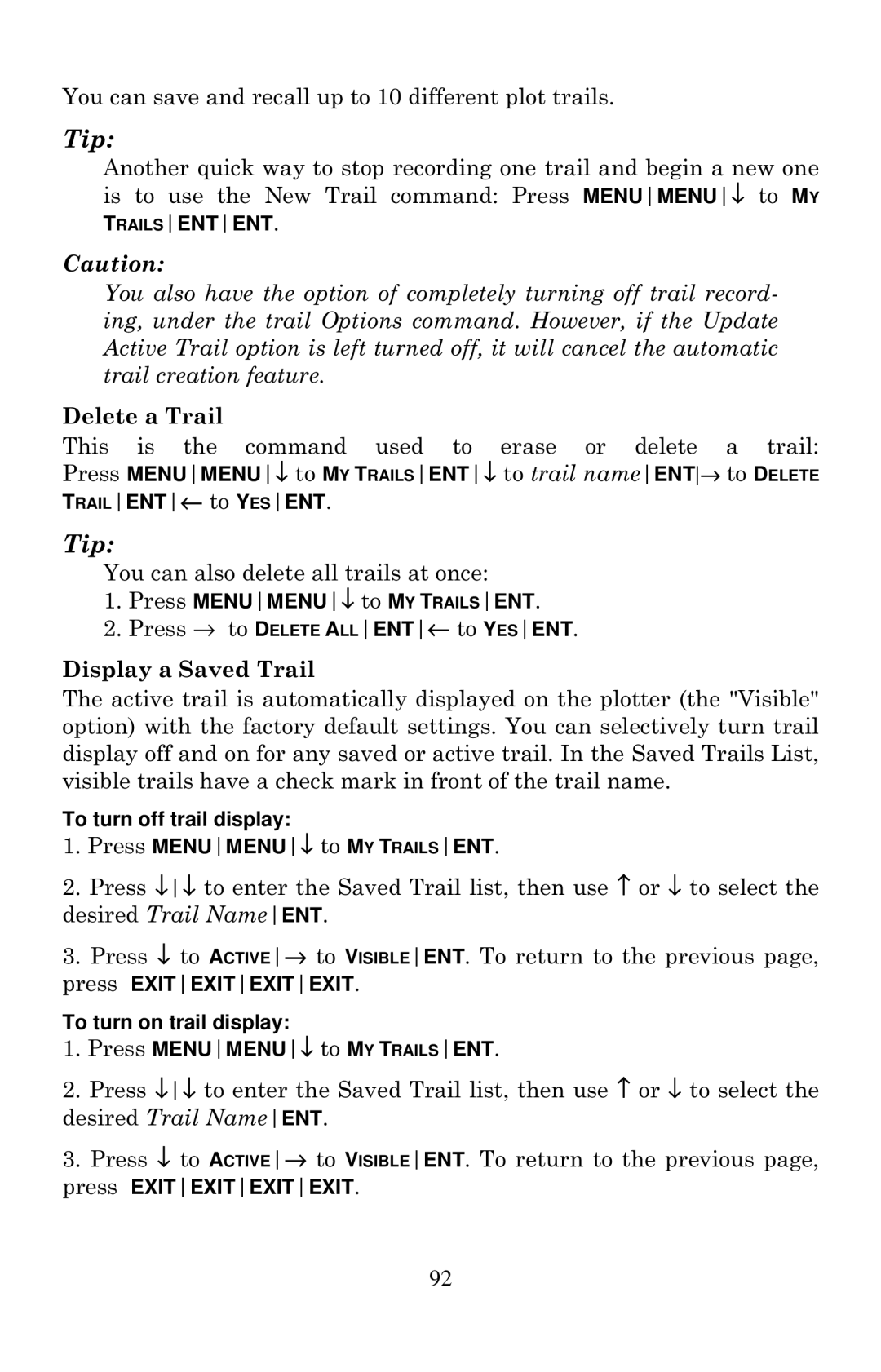 Eagle Electronics Cuda 240 S/GPS manual Display a Saved Trail, To turn off trail display, To turn on trail display 