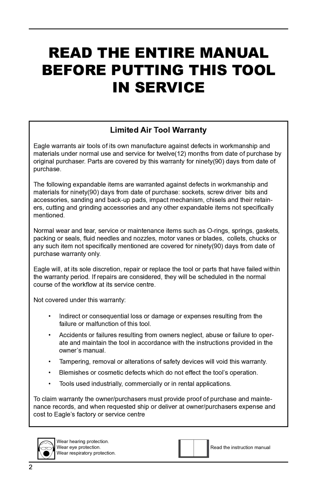 Eagle Electronics EGA200 owner manual Read the Entire Manual Before Putting this Tool in Service, Limited Air Tool Warranty 