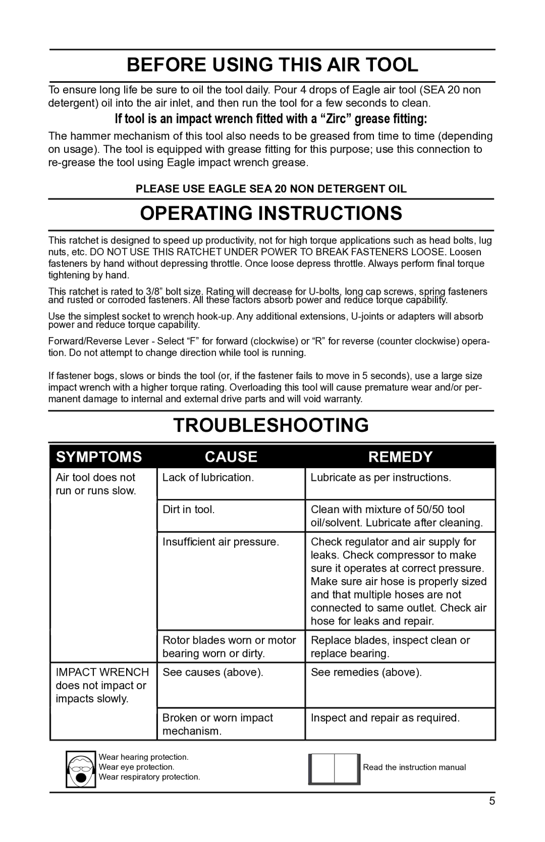 Eagle Electronics EGA200 owner manual Before Using this AIR Tool, Operating Instructions, Troubleshooting 