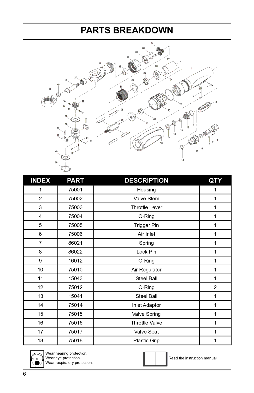 Eagle Electronics EGA200 owner manual Parts Breakdown, Index Part Description QTY 