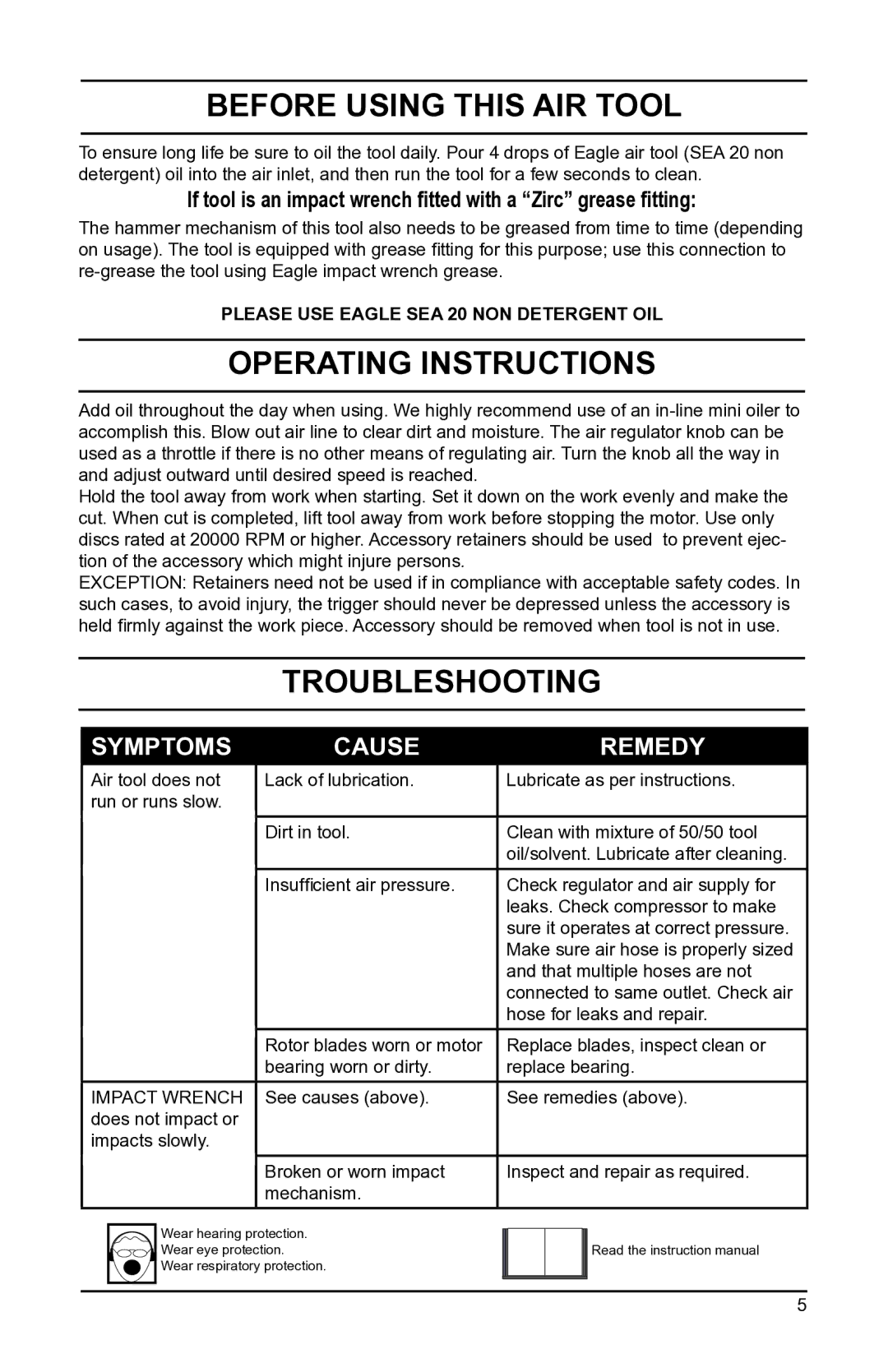 Eagle Electronics EGA510 owner manual Before Using this AIR Tool, Operating Instructions, Troubleshooting 