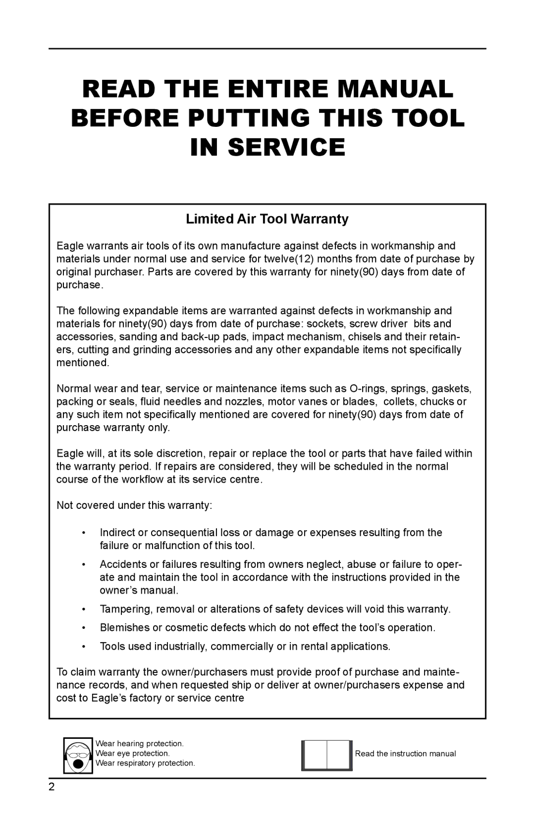 Eagle Electronics EGA530 owner manual Read the Entire Manual Before Putting this Tool in Service, Limited Air Tool Warranty 