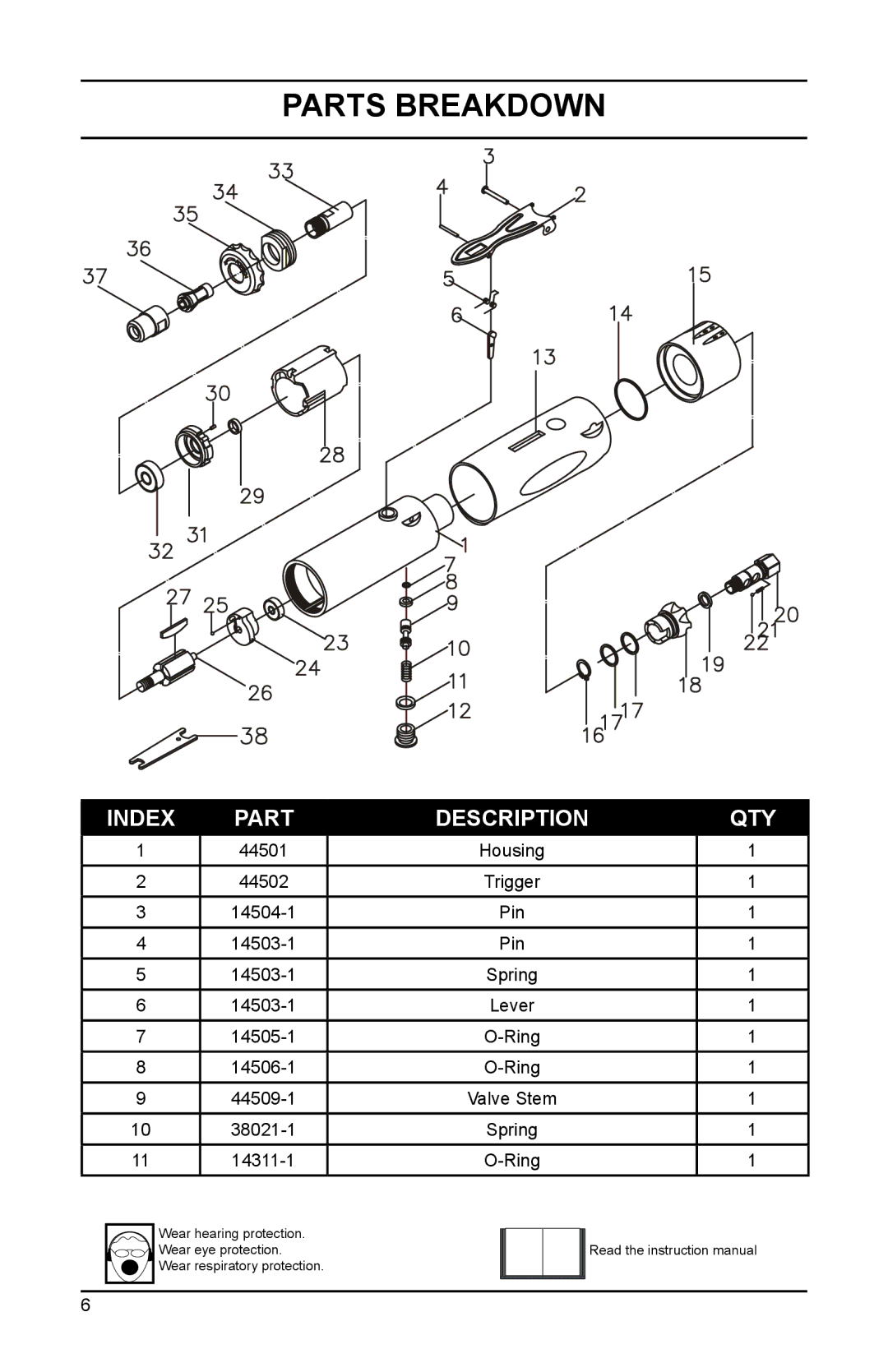 Eagle Electronics EGA530 owner manual Parts Breakdown, Index Part Description QTY 