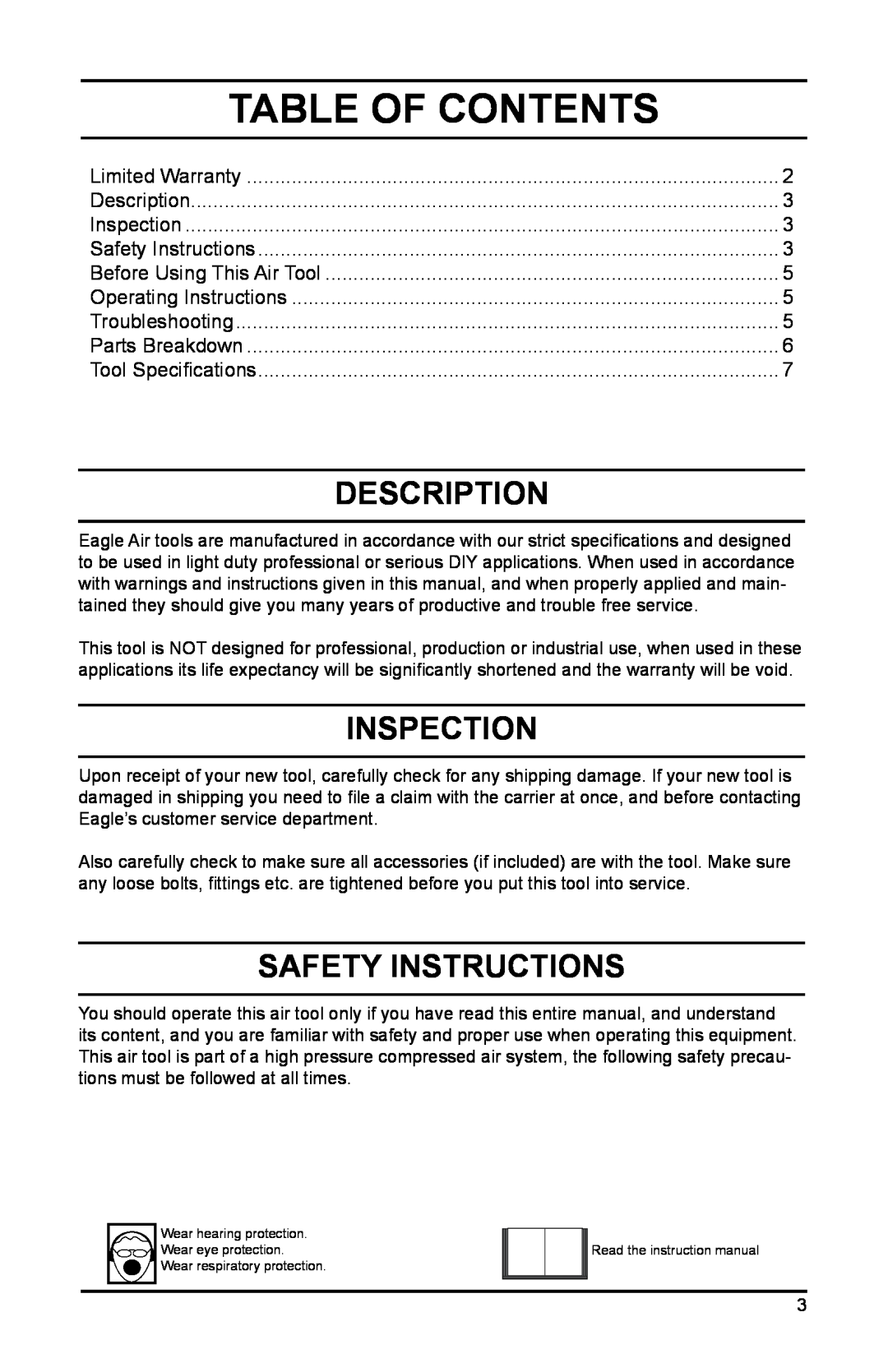 Eagle Electronics EGA530 owner manual Table Of Contents, Description, Inspection, Safety Instructions, Limited Warranty 