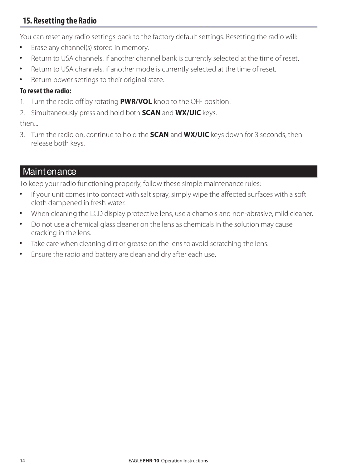 Eagle Electronics EHR-10 manual Maintenance, Resetting the Radio, To reset the radio 