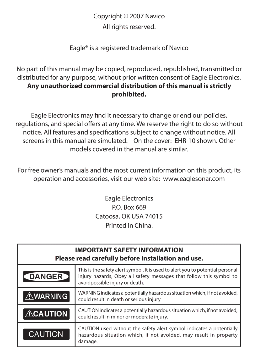 Eagle Electronics EHR-10 manual Important Safety Information, Please read carefully before installation and use 