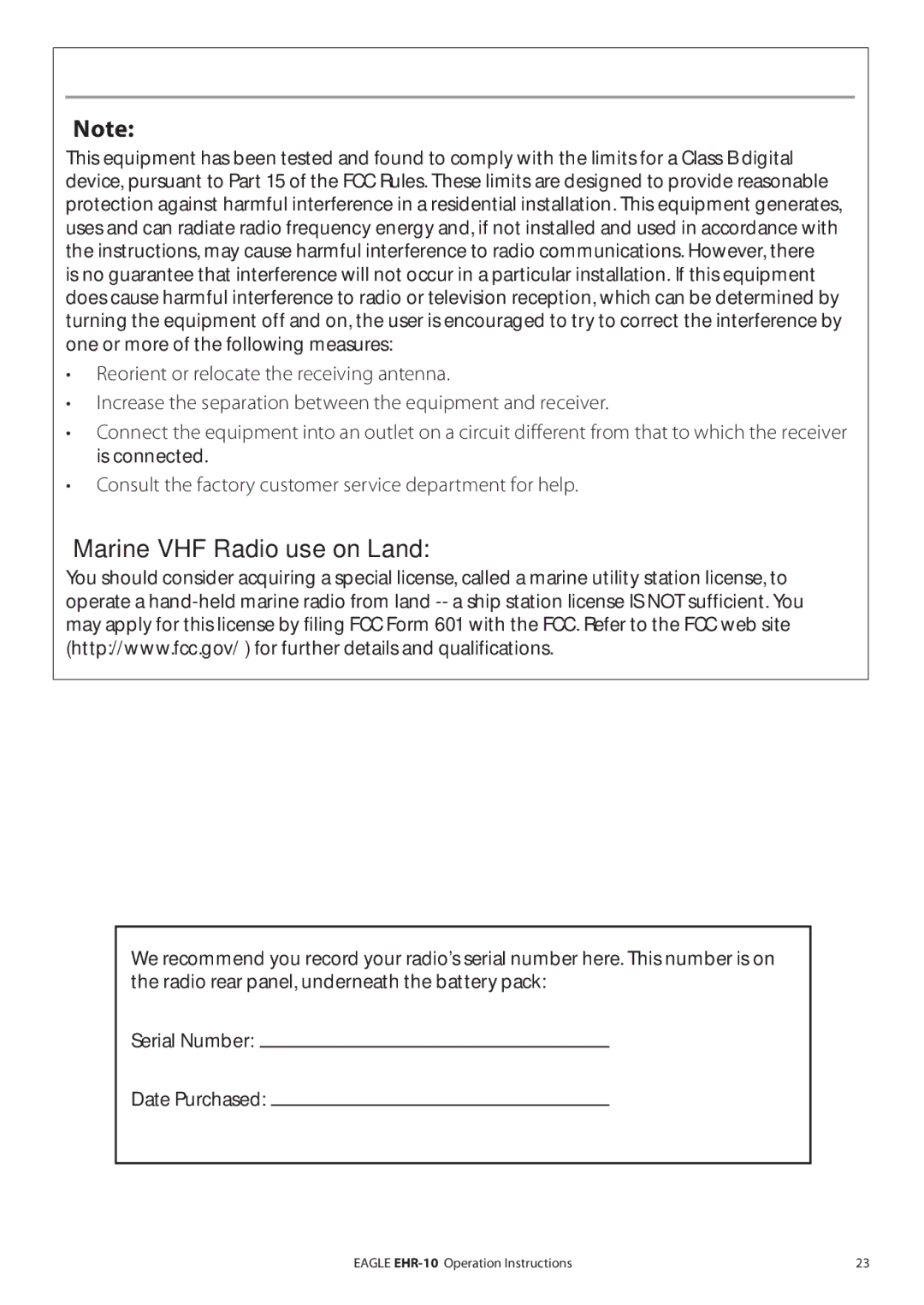 Eagle Electronics EHR-10 manual FCC Compliance, Marine VHF Radio use on Land 