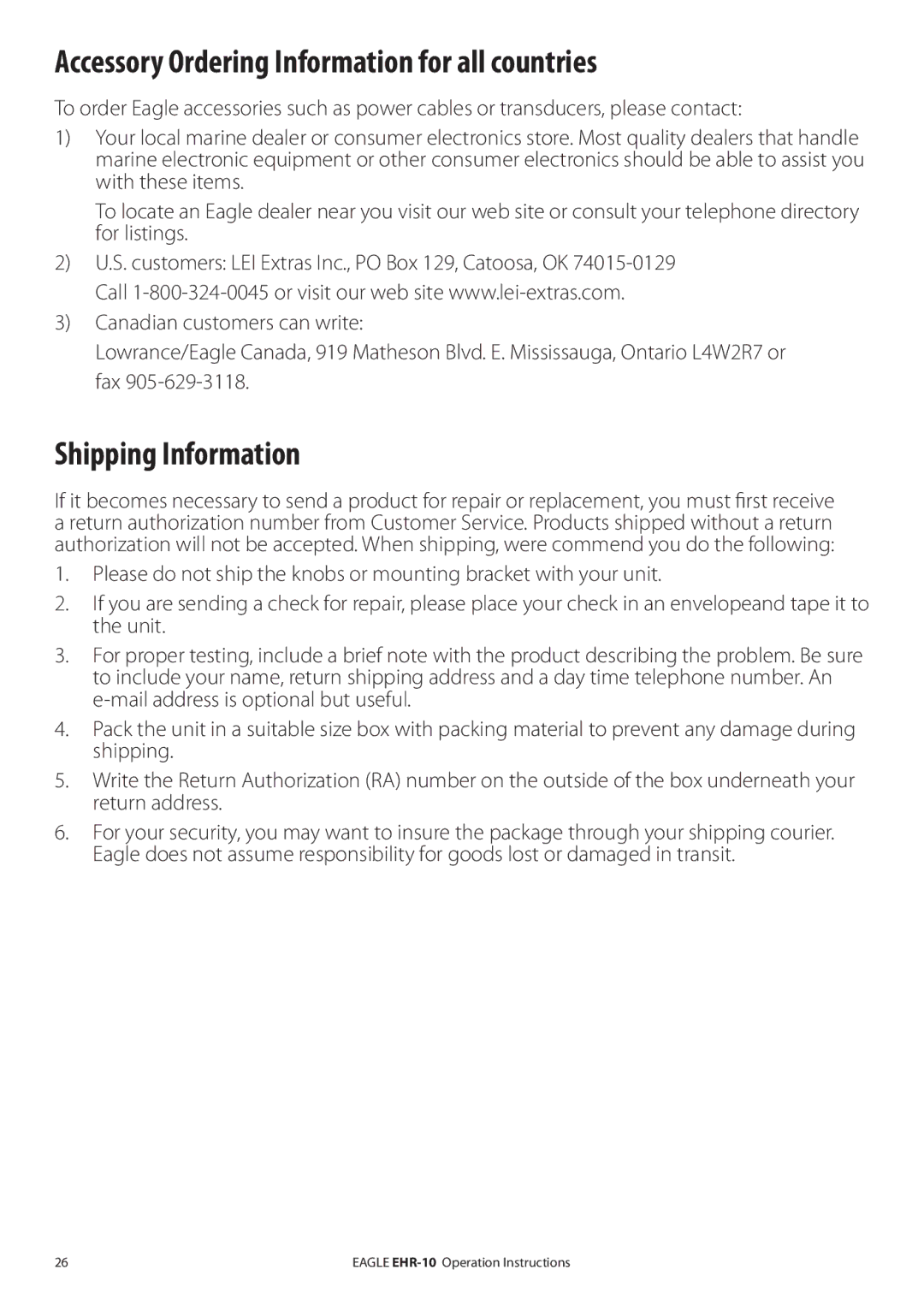 Eagle Electronics EHR-10 manual Accessory Ordering Information for all countries 