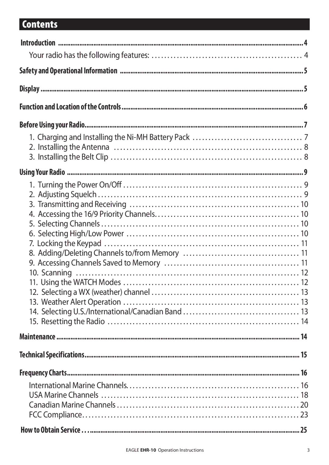 Eagle Electronics EHR-10 manual Contents 