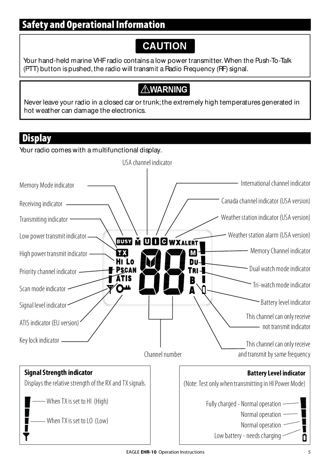 Eagle Electronics EHR-10 manual Safety and Operational Information, Display, Signal Strength indicator 