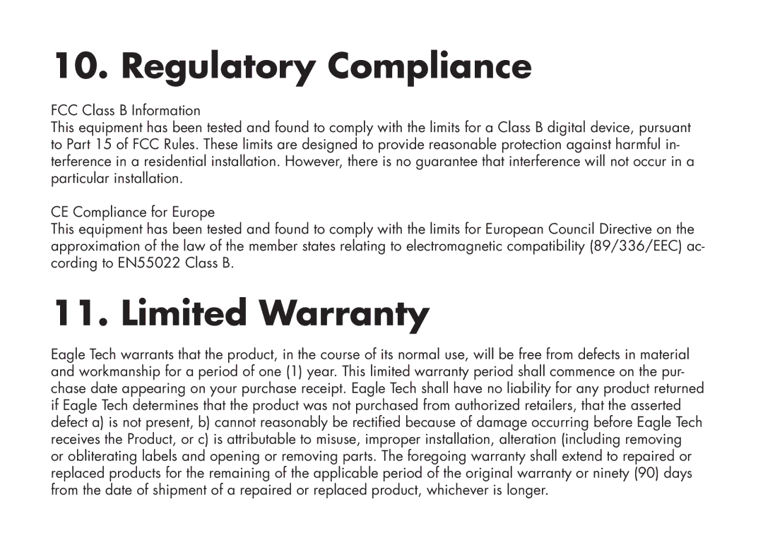 Eagle Electronics ET/AR504LR/B user manual Regulatory Compliance, Limited Warranty 