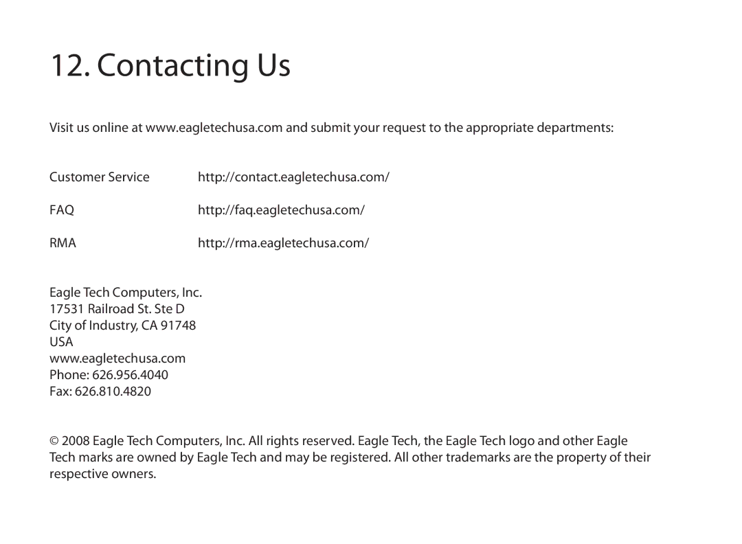 Eagle Electronics ET/AR504LR/B user manual Contacting Us, Customer Service 