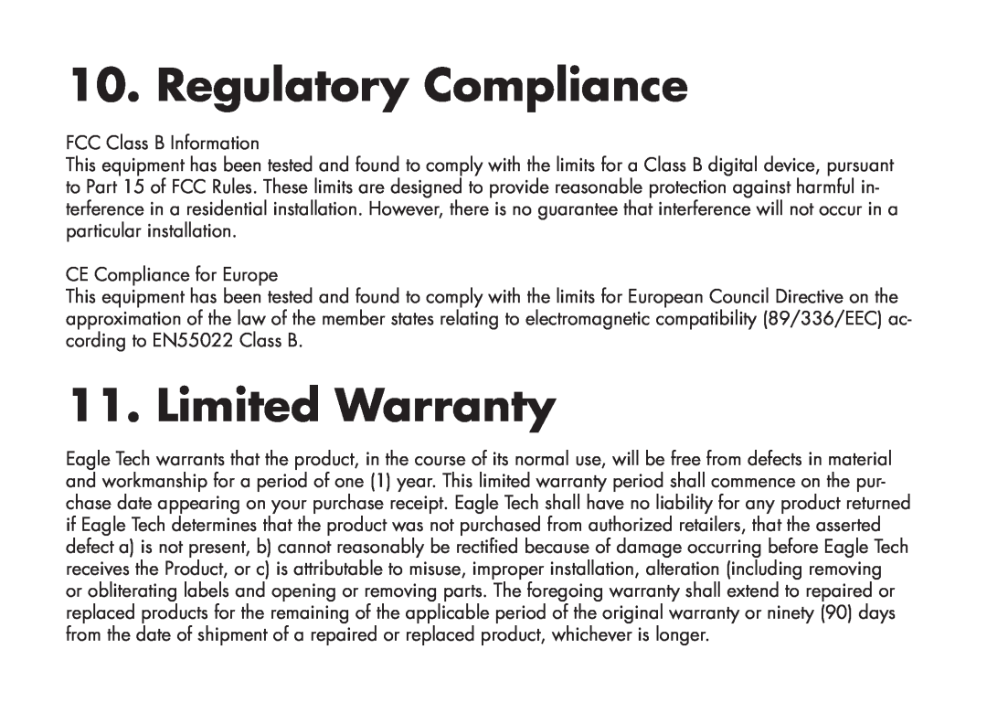 Eagle Electronics ET/AR504LR/B user manual Regulatory Compliance, Limited Warranty 