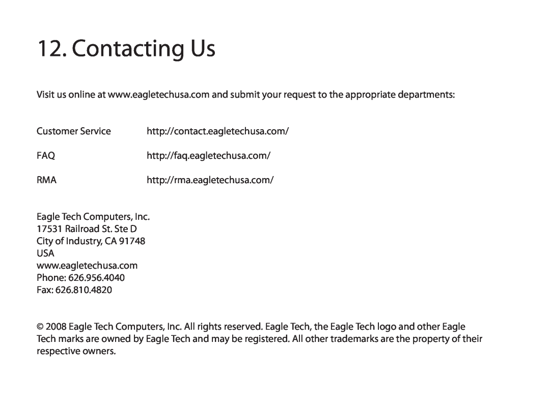 Eagle Electronics ET/AR504LR/B user manual Contacting Us, Customer Service 