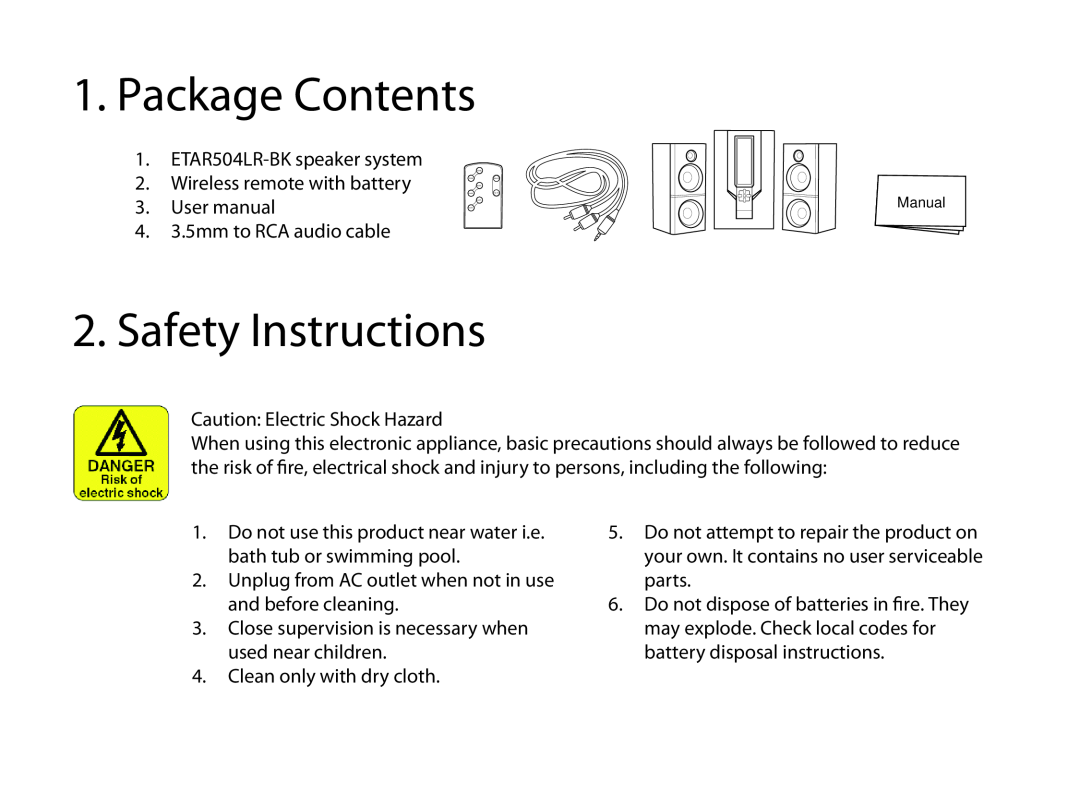 Eagle Electronics ET/AR504LR/B user manual Package Contents, Safety Instructions 
